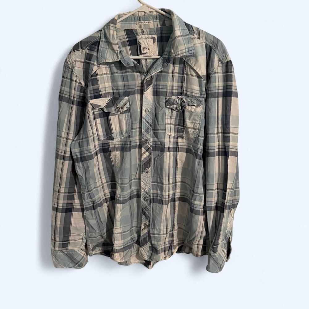 BKE button down mens L blue plaid casual long sleeve athletic fit stretch shirt